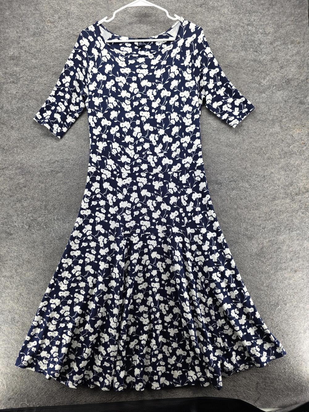 Lands' End Dress Womens M Blue Fit & Flare Midi Boat Neck Ruffle Jersey Viscose